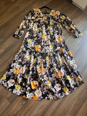 Who What Wear Black Maxi Dress with Yellow and Orange Floral Print